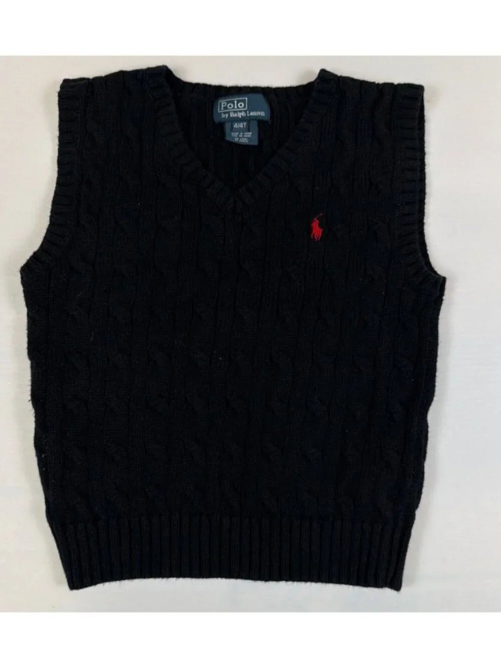 Polo Ralph Lauren Toddler 4T Black Cable Knit V-Neck Sweater Vest Retro Cotton - Picture 1 of 4